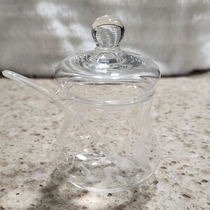 Vintage Glass Etched Floral Creamer Clear Glass Sugar Bowl with Lid_ Spoon